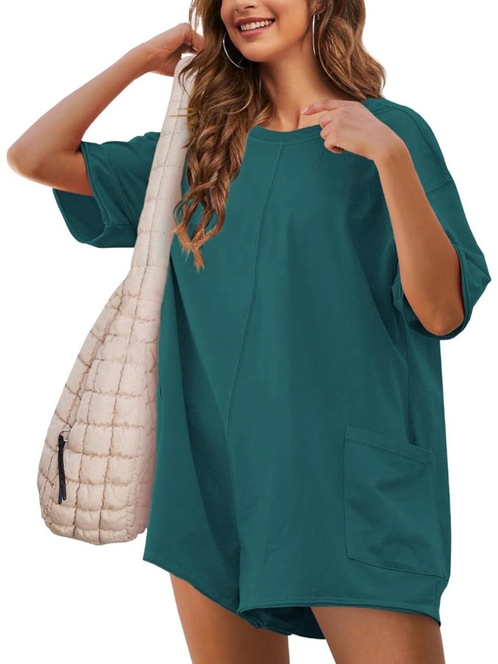 Women's Dark Green Casual Oversized Athletic Overall Workout Hot Shot Tee Romper
